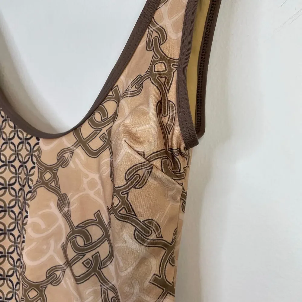 ASOS Design Splice One Piece Swimsuit Monogram Chain Horse bit Print Brown Tan 6